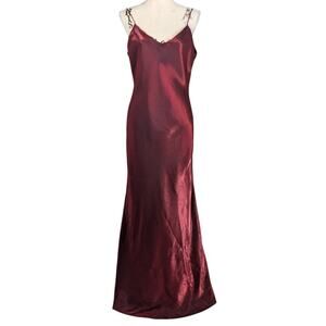 Vintage Y2K Burgundy Satin Slip Dress Rhinestone Back